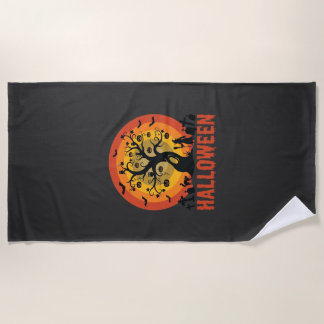 Serviette De Plage Halloween Haunted Tree Witch and Black Cats