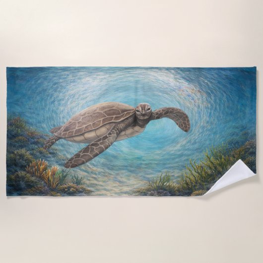 Serviette De Plage Hand-Painted Sea Turtle in Ocean Vortex  (Devant)