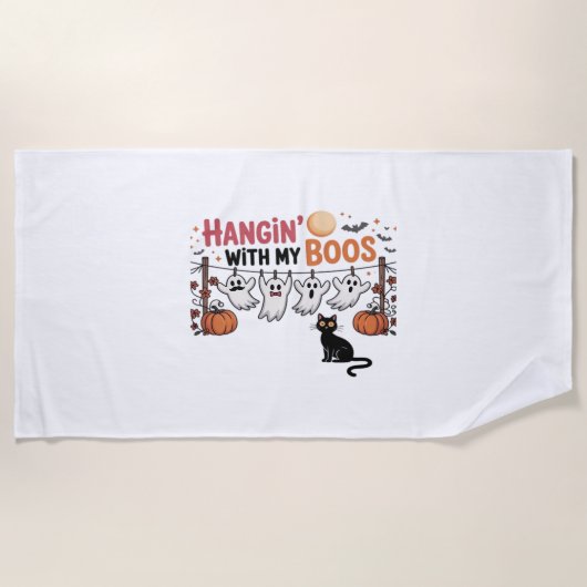 Serviette De Plage Hangin Avec Mon Fantôme Boos Tenant Chat Noir Drôl (Devant)