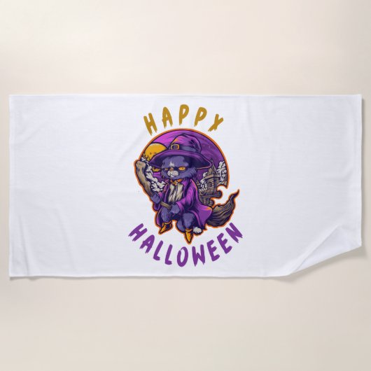 Serviette De Plage Happy Halloween Chat sorcier Halloween (Devant)