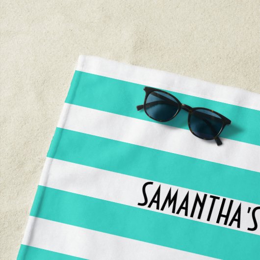 Serviette De Plage Happy Place Neon Aqua et White Stripe Beach Towel (En situation)