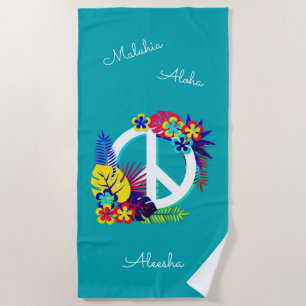 Serviette De Plage Hawaiian Peace Love Name Personnalisé Ocean Blue