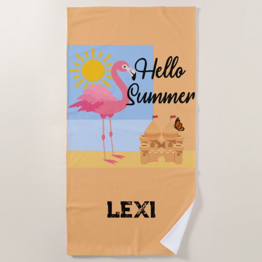 Serviette De Plage Hello Summer Pink Flamant rose Design - Beach Towe (Devant)