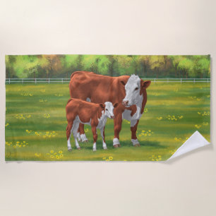 Serviette De Plage Hereford Cow & Cute Calf dans les pâturages d'été