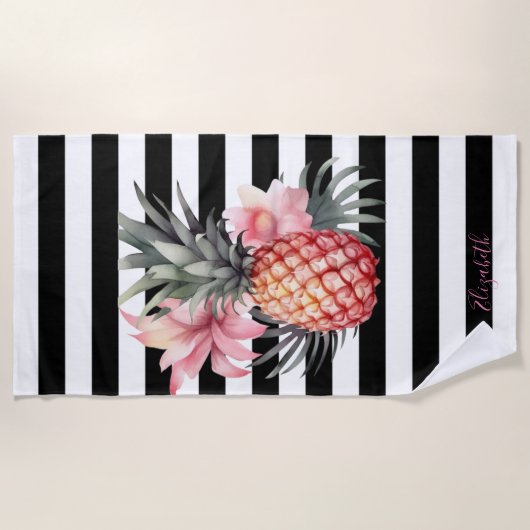 Serviette De Plage Hibiscus d'ananas, Blancs noirs (Devant)
