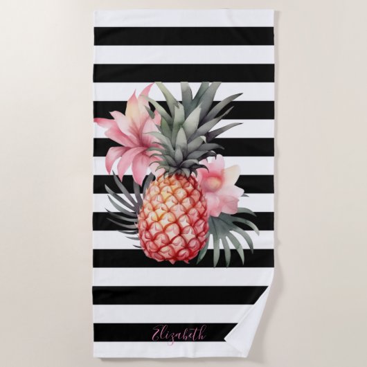 Serviette De Plage Hibiscus d'ananas, Blancs noirs (Devant)