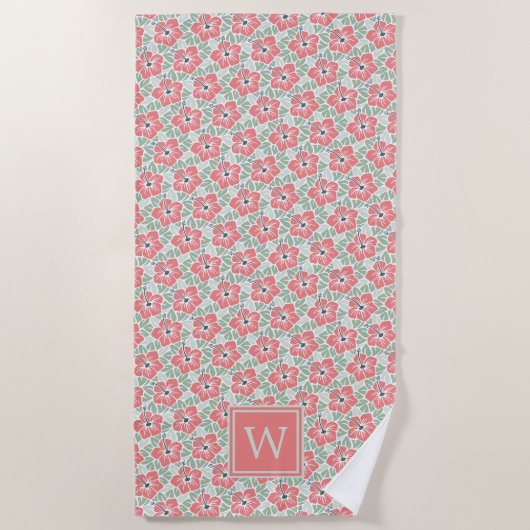 Serviette De Plage Hibiscus de corail Monogramme (Devant)