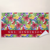 Serviette De Plage Hibiscus et Feuilles tropicaux Nom personnalisé (Devant)