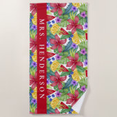 Serviette De Plage Hibiscus et Feuilles tropicaux Nom personnalisé (Devant)