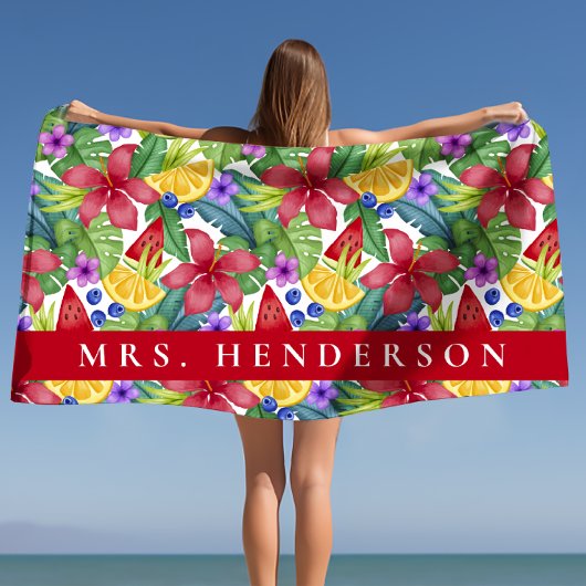 Serviette De Plage Hibiscus et Feuilles tropicaux Nom personnalisé