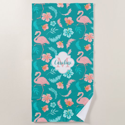 Serviette De Plage Hibiscus Flamant rose rose Motif tropical (Devant)