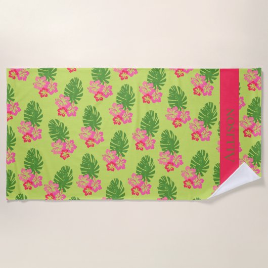 Serviette De Plage Hibiscus Rose Motif Hawaiien En Vert (Devant)
