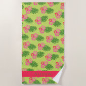Serviette De Plage Hibiscus Rose Motif Hawaiien En Vert (Devant)