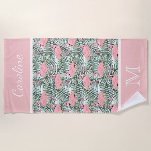 Serviette De Plage Hip Flamants roses roses Palm Leafs Motif Personna (Devant)