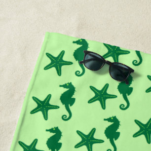 Serviette De Plage Hippocampe et étoile de mer, chaux et vert émeraud