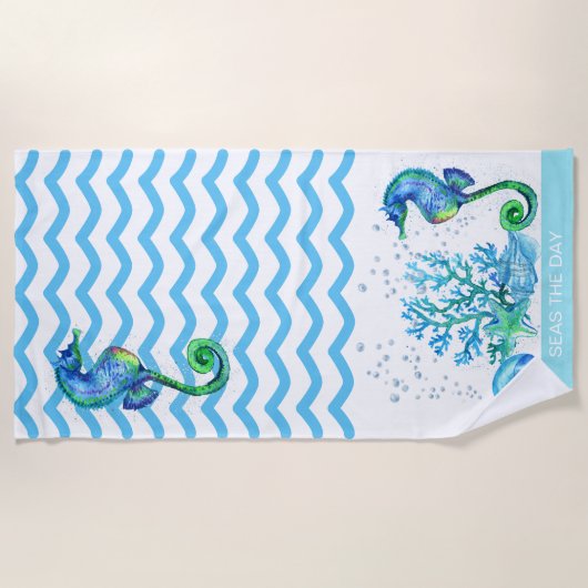 Serviette De Plage Hippocampe nautique Personnalisé Turquoise Aqua bl (Devant)