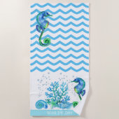 Serviette De Plage Hippocampe nautique Personnalisé Turquoise Aqua bl (Devant)