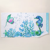 Serviette De Plage Hippocampe nautique Personnalisé Turquoise Aqua Bl (Devant)