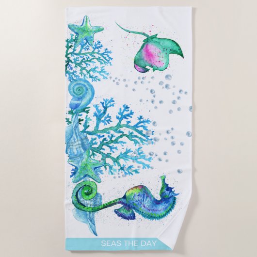 Serviette De Plage Hippocampe nautique Personnalisé Turquoise Aqua Bl (Devant)