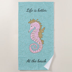 Serviette de plage hippocampe scintillant rose et