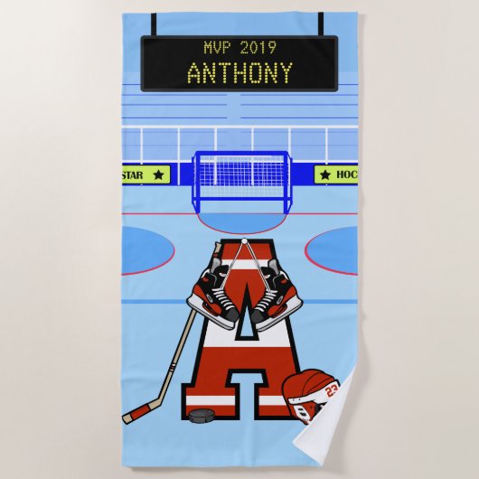 Serviette De Plage Hockey sur glace initial personnalisé (Devant)