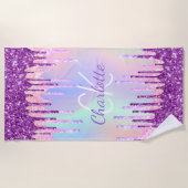 Serviette De Plage Holographique violet gouttes rose monogramme (Devant)