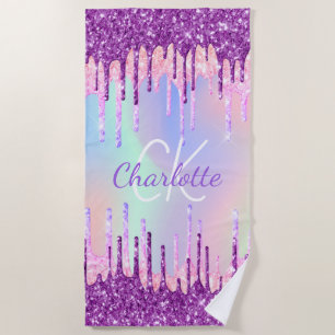 Serviette De Plage Holographique violet gouttes rose monogramme