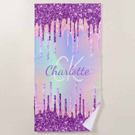 Serviette De Plage Holographique violet gouttes rose monogramme (Devant)