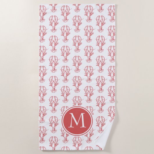Serviette De Plage Homards rouges côtiers sur Monogramme blanc (Devant)