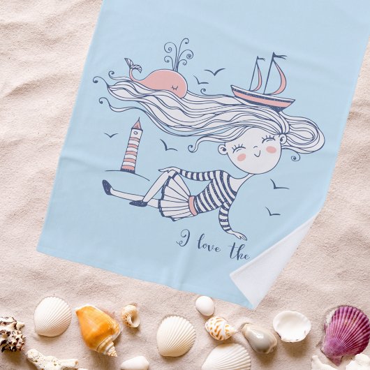 Serviette De Plage I Love the Sea Whimsical Nautical Personnalisé