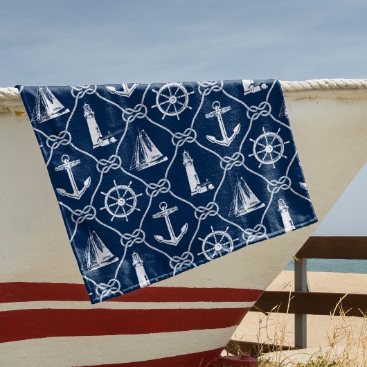 Serviette De Plage Icônes marines Corde Bleue et Blanche