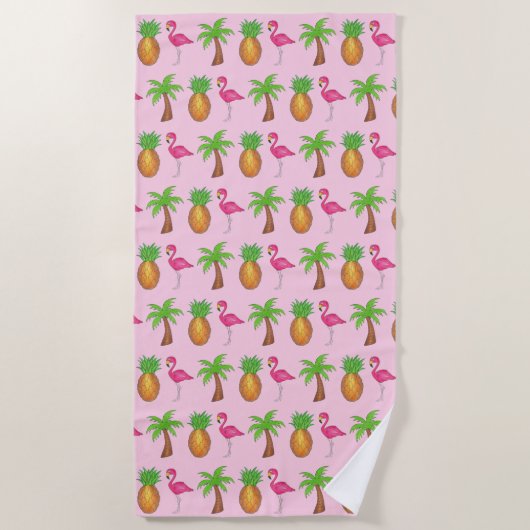 Serviette De Plage Ile tropicale Palm Tree Ananas Flamant rose rose (Devant)
