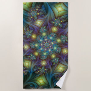 Serviette De Plage Illuminé Abstrait brillant Turquoise violet Fracta