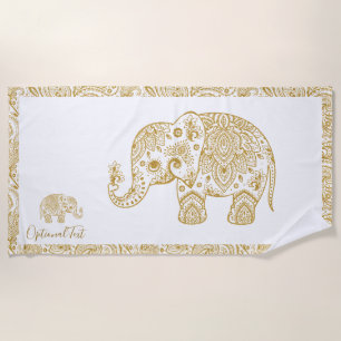 Serviette De Plage Illustration de l'éléphant Paisley Floral Or