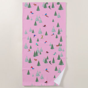 Serviette De Plage Illustration de skieurs en ski descente Rose