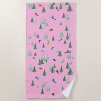 Serviette De Plage Illustration de skieurs en ski descente Rose