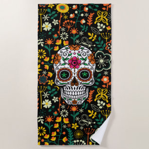 Serviette De Plage Illustration florale colorée du crâne de sucre