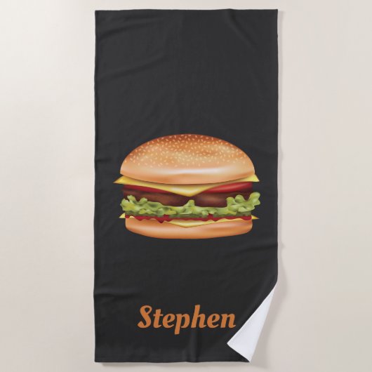 Serviette De Plage Illustration Hamburger Fast Food Avec Nom Personna (Devant)