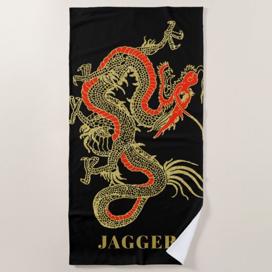 Serviette De Plage Imaginaire rouge noir chinois Dragon Monogramme (Devant)