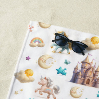 Serviette De Plage Imaginaire Whimsical Pastel Unicorns et Châteaux