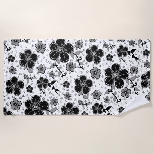Serviette De Plage Impression florale noire et blanche (Devant)