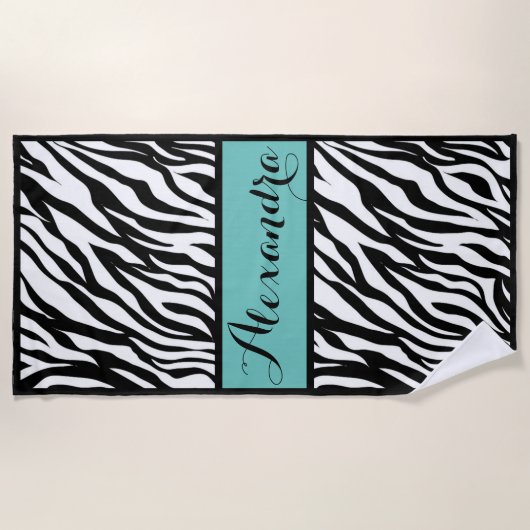 Serviette De Plage Impression Zebra Avec Monogramme Turquoise (Devant)