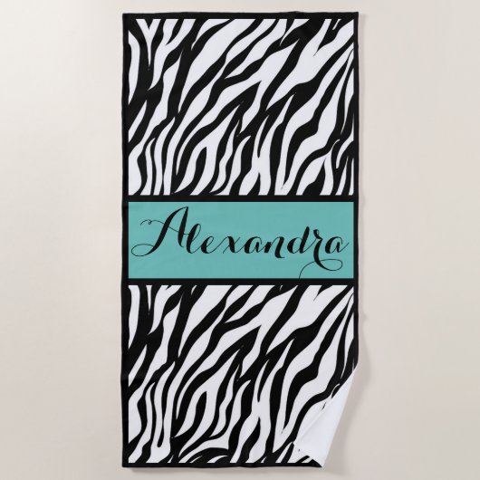 Serviette De Plage Impression Zebra Avec Monogramme Turquoise (Devant)