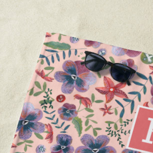 Serviette De Plage Imprimé floral rose bohème à motif monogramme