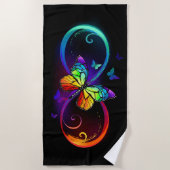 Serviette De Plage Infini vibrant avec papillon arc-en-ciel sur noir (Devant)