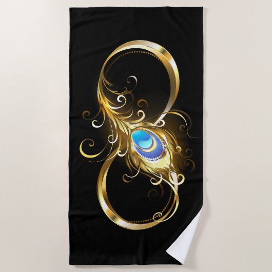 Serviette De Plage Infinité avec plume de paon doré (Devant)