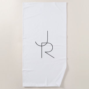 Serviette De Plage Initiales de chevauchement modernes 2   Noir en bl