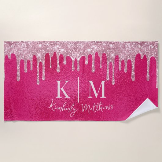 Serviette De Plage Initiales de monogramme scintillantes rose vif gla (Devant)