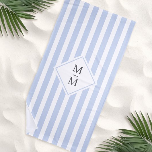 Serviette De Plage Initiales monogrammes bleu clair pâle rayures blan
