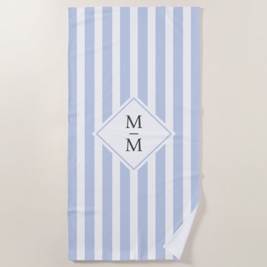 Serviette De Plage Initiales monogrammes bleu clair pâle rayures blan (Devant)
